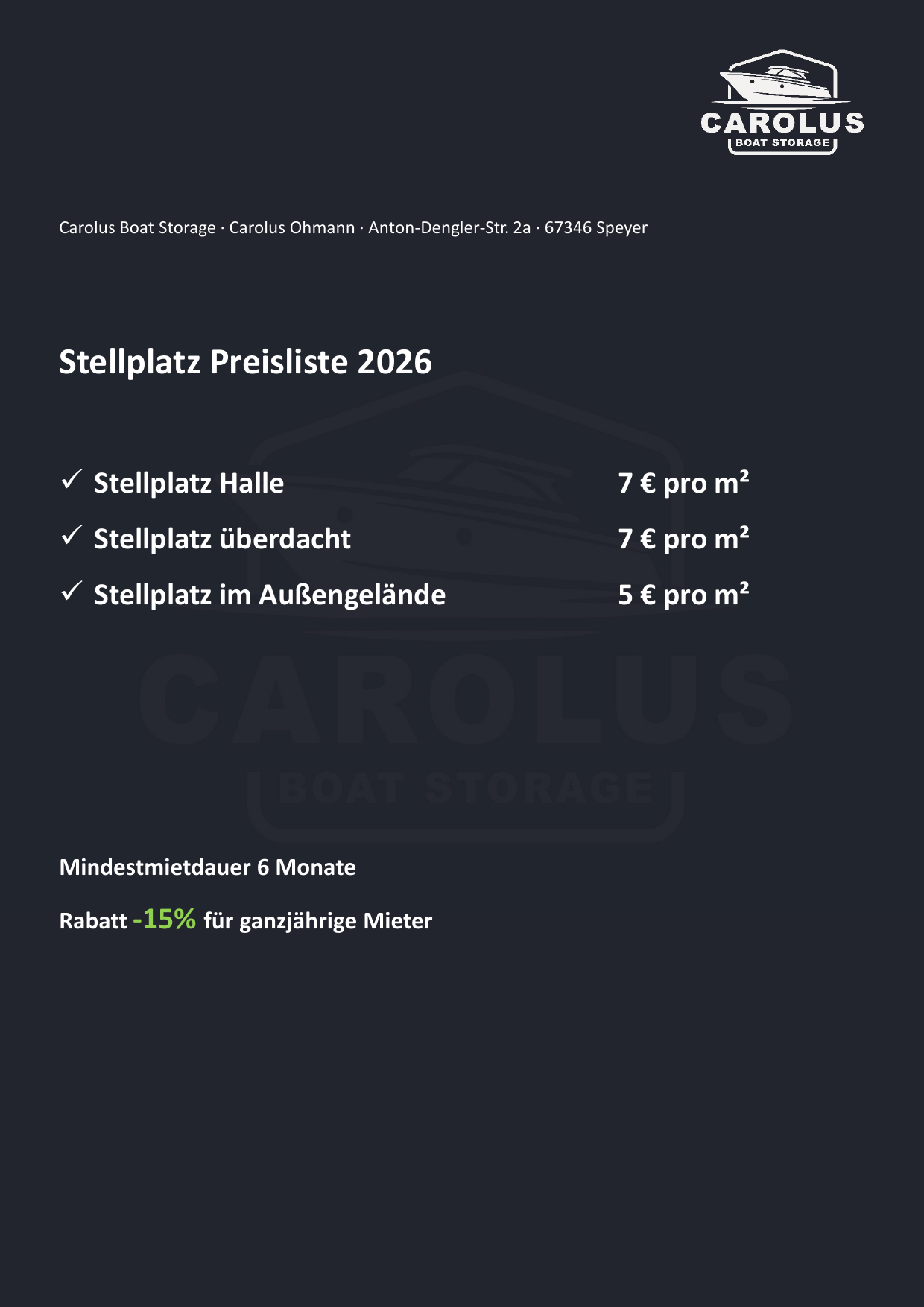 Stellplatz Preisliste 2026